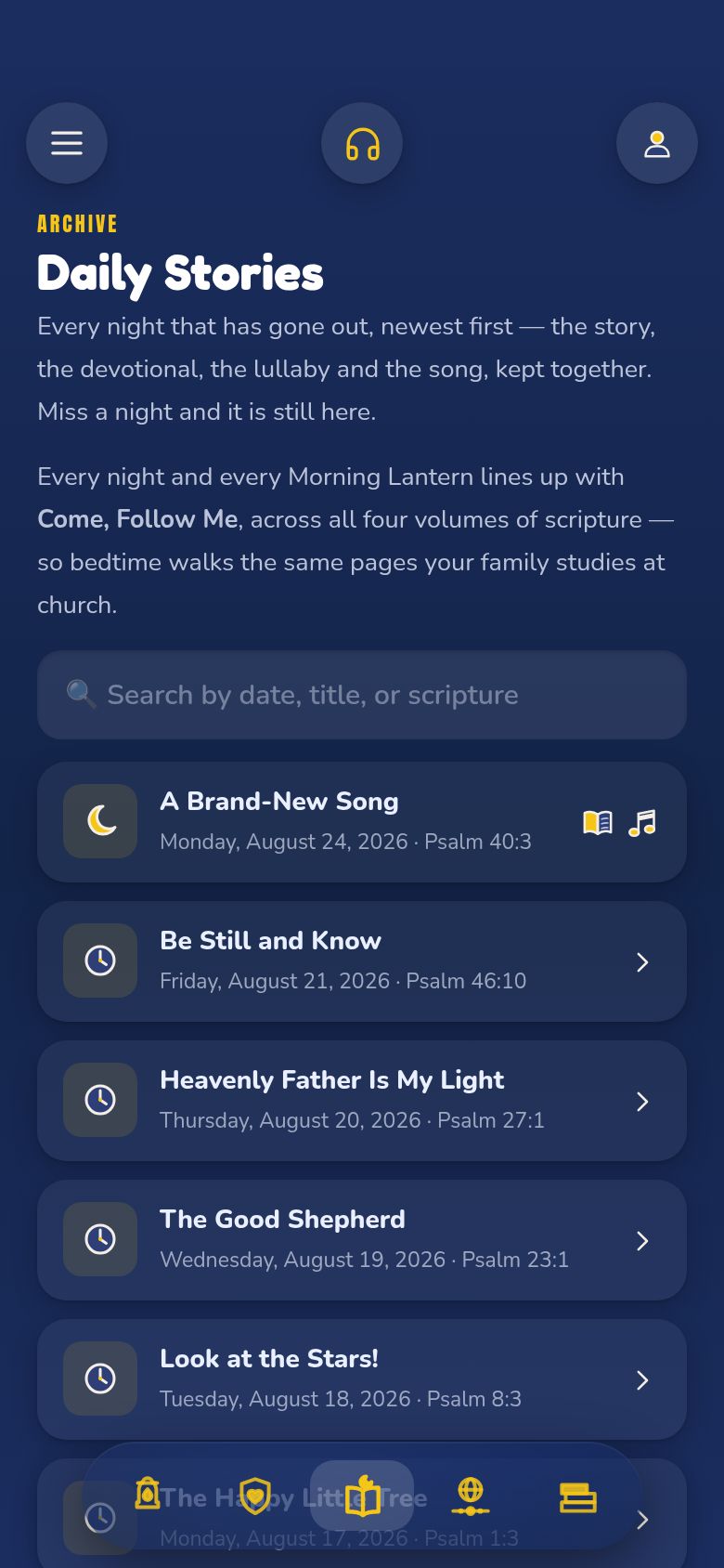 Daily Stories in the app, a list of past nights with their scriptures