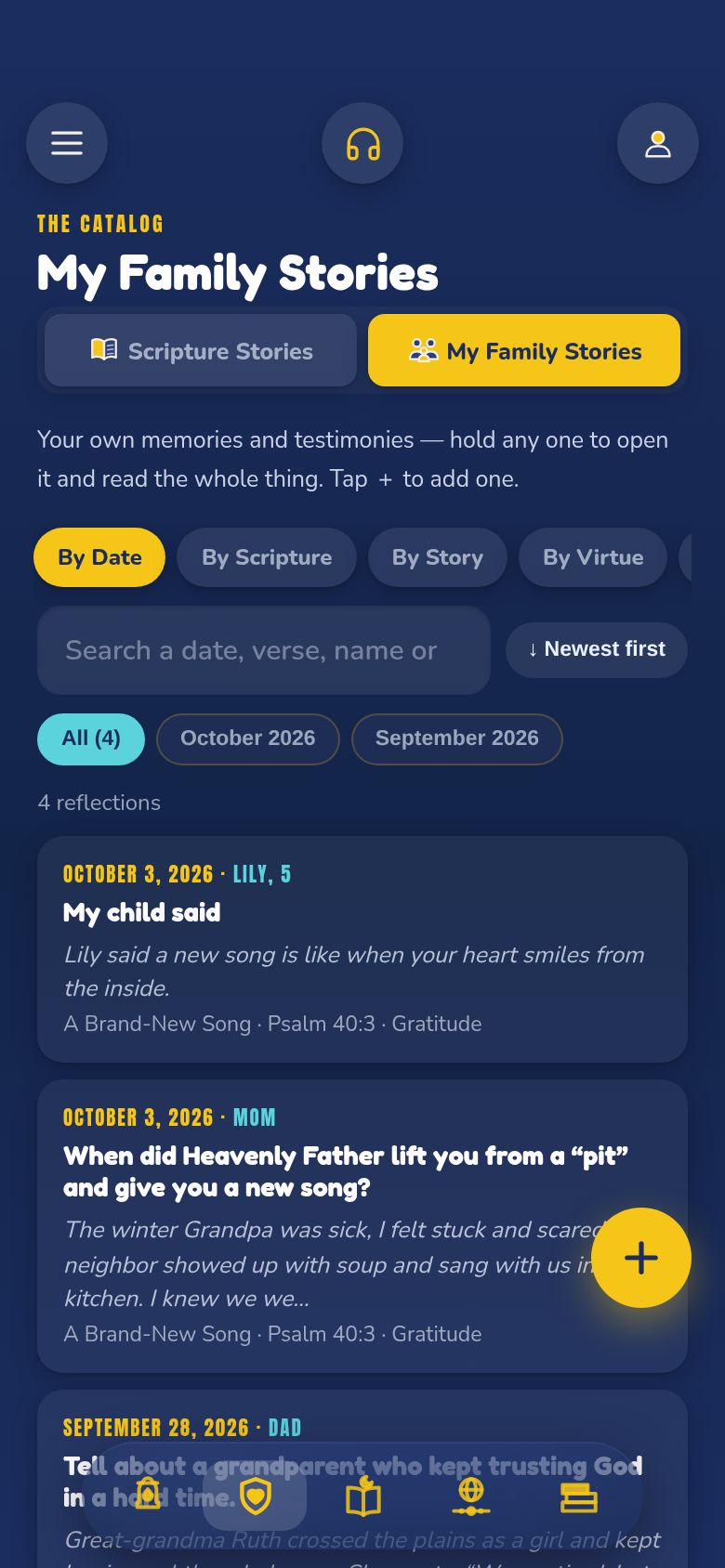 My Family Stories in the app, with a family’s saved memories and reflections