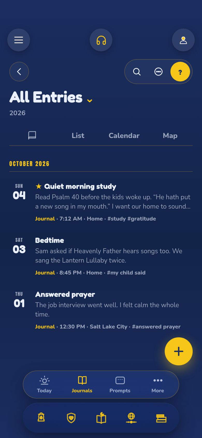 The Journal in the app, showing dated entries with tags and places