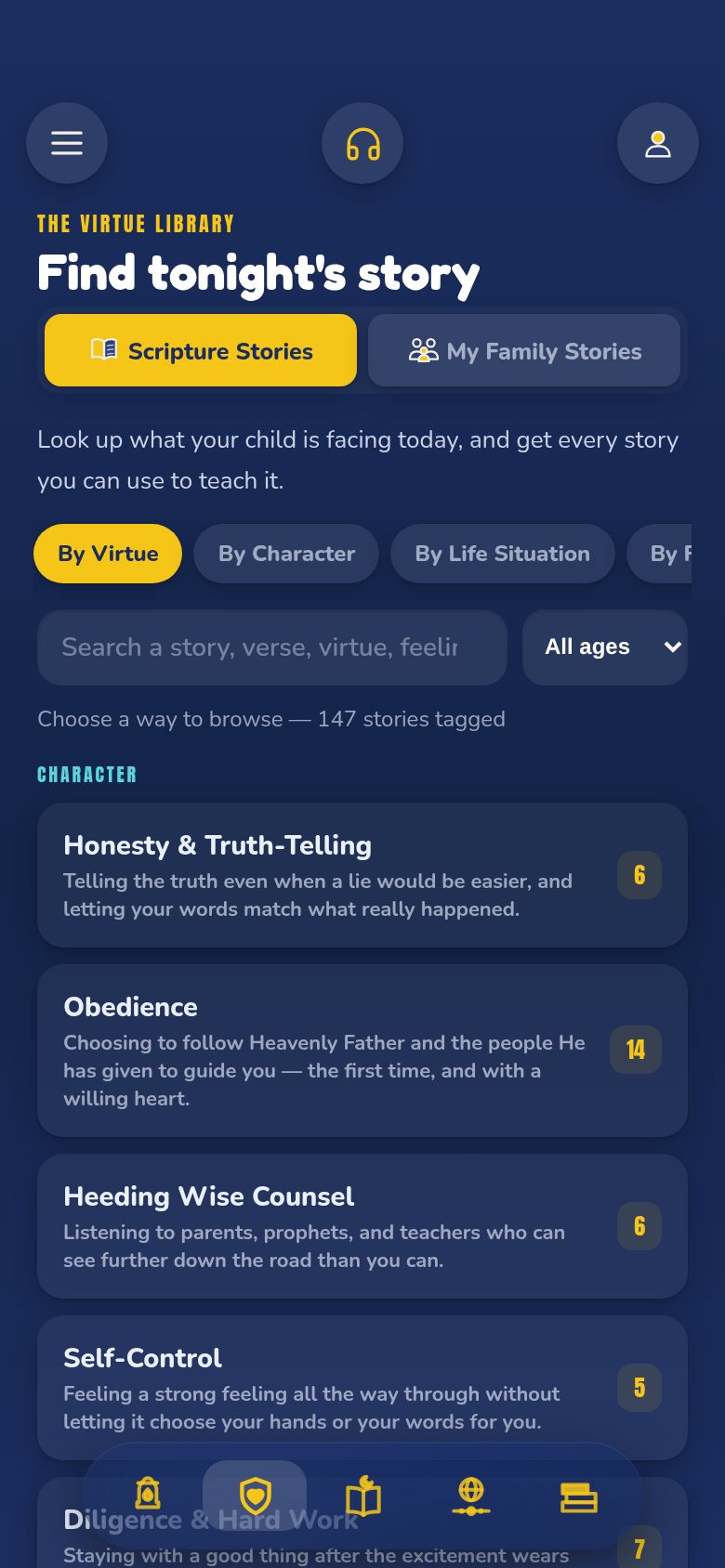 The Virtue Library in the app, with stories sorted by virtue