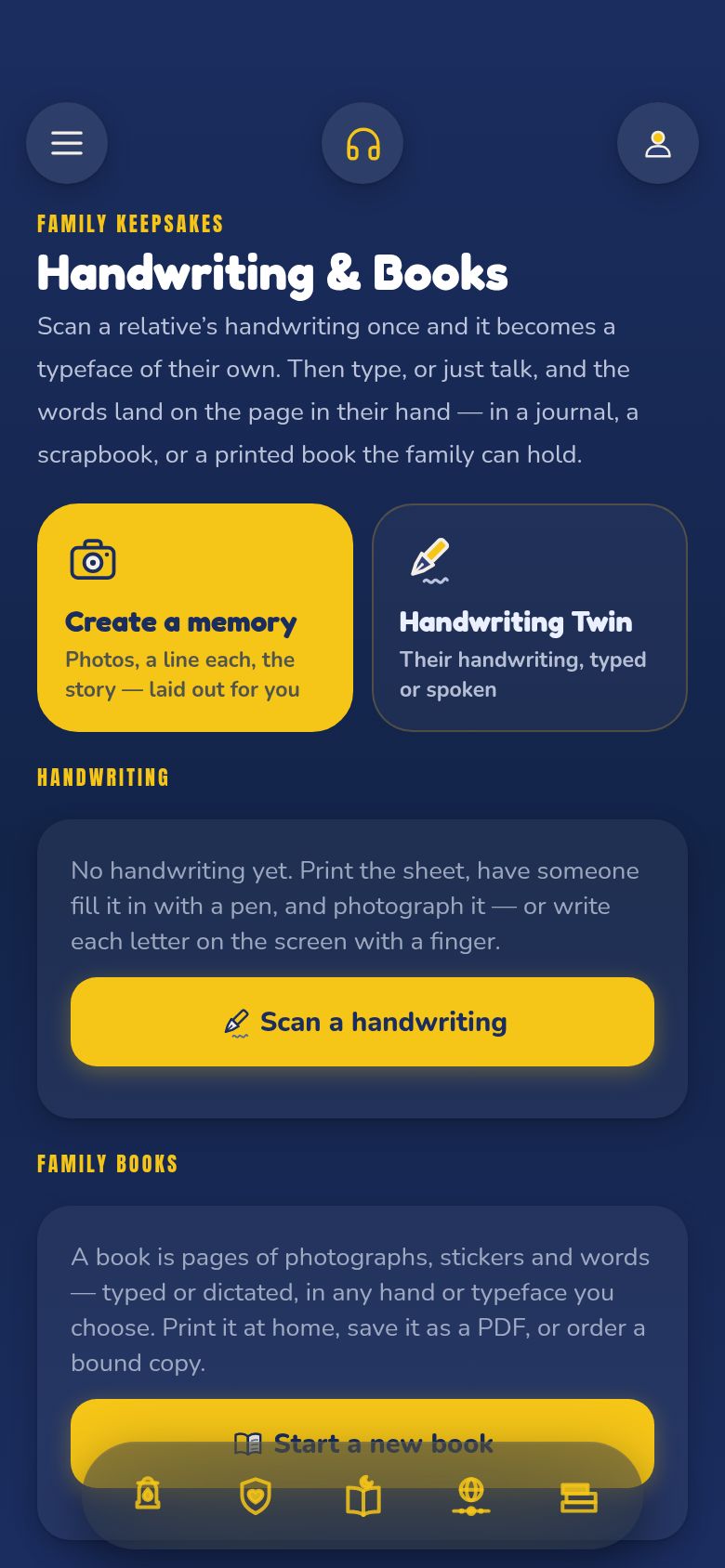 Handwriting and Books in the app, with Create a memory and Handwriting Twin