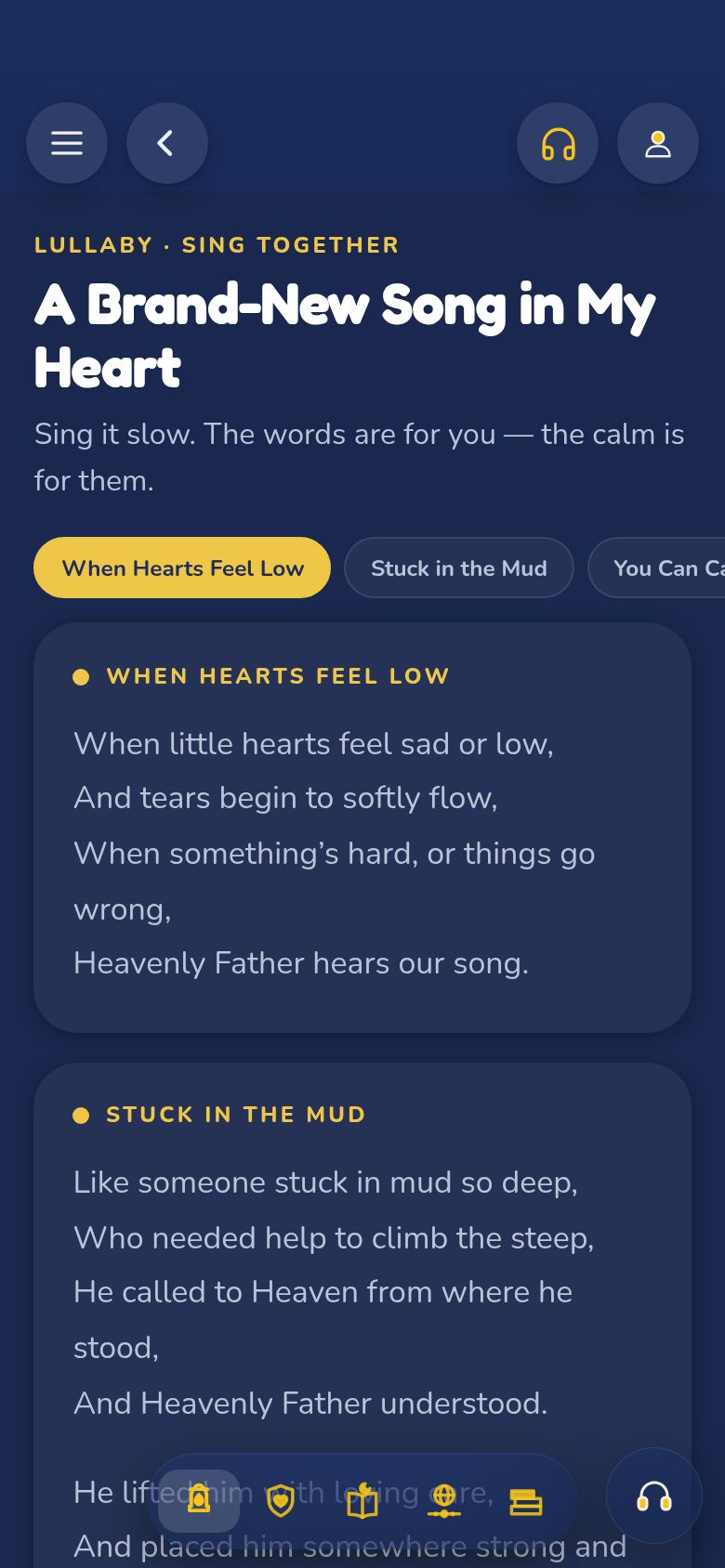 A night’s song in the app, with its lyrics laid out verse by verse