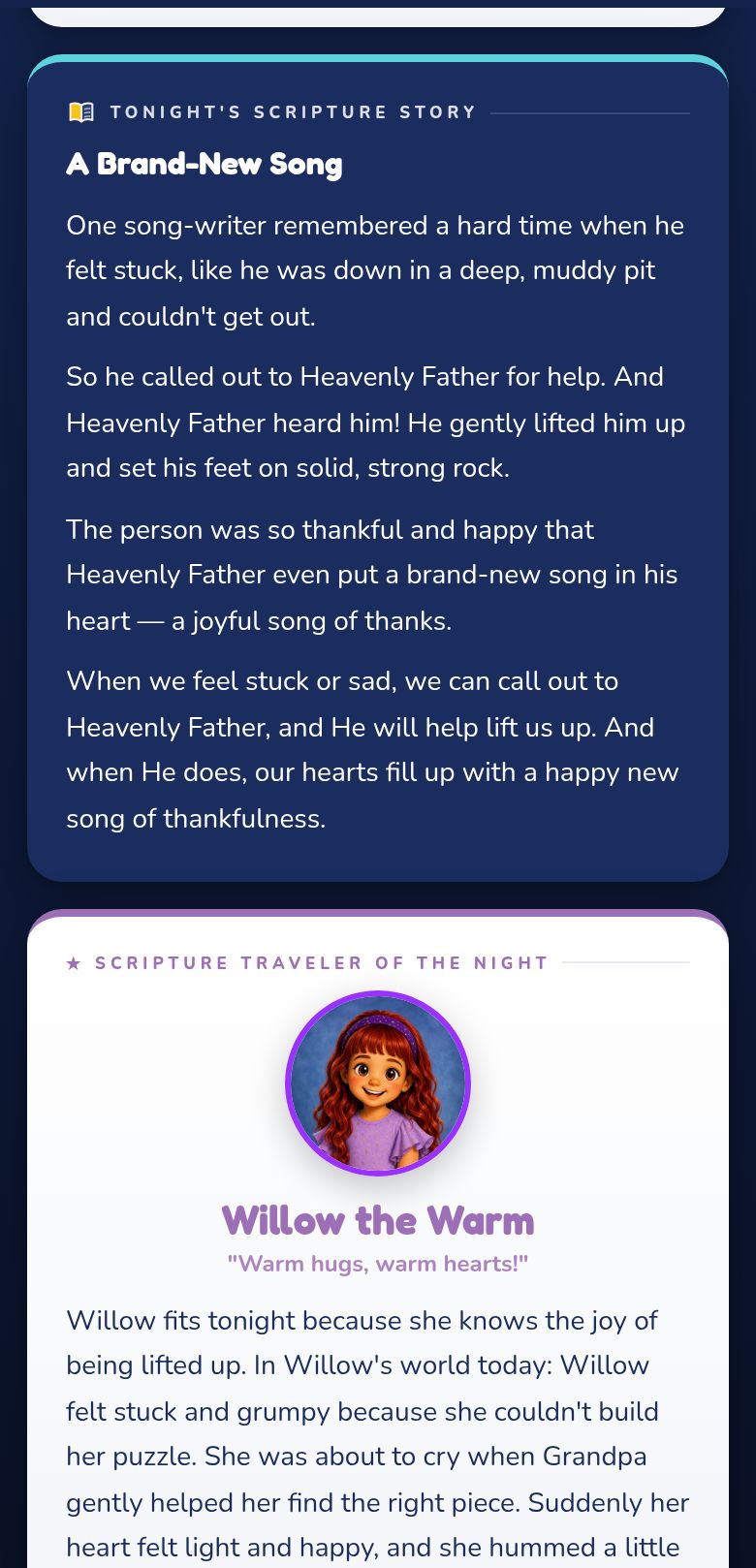 Tonight’s scripture story in the app, with the Scripture Traveler of the night