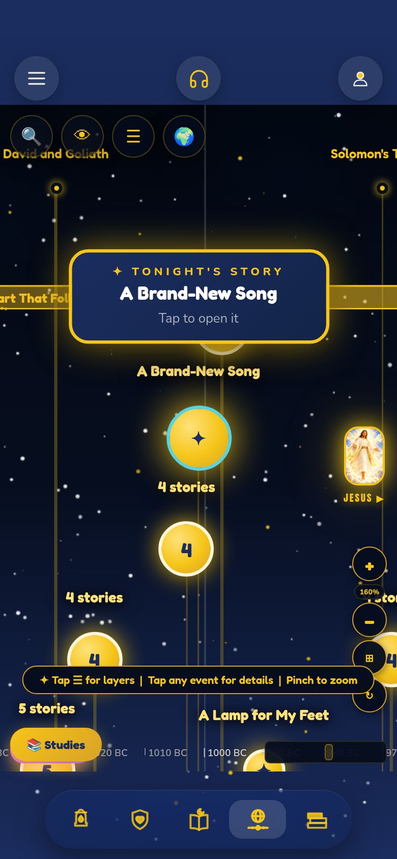 The Sacred World Timeline in the app, with tonight’s story marked on the map of history