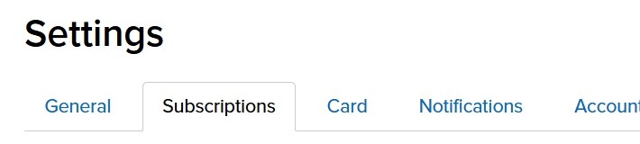 The Settings page with the Subscriptions tab open, showing the Cancel link