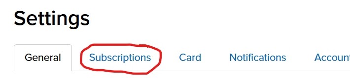 The Settings page tab row with the Subscriptions tab circled in red