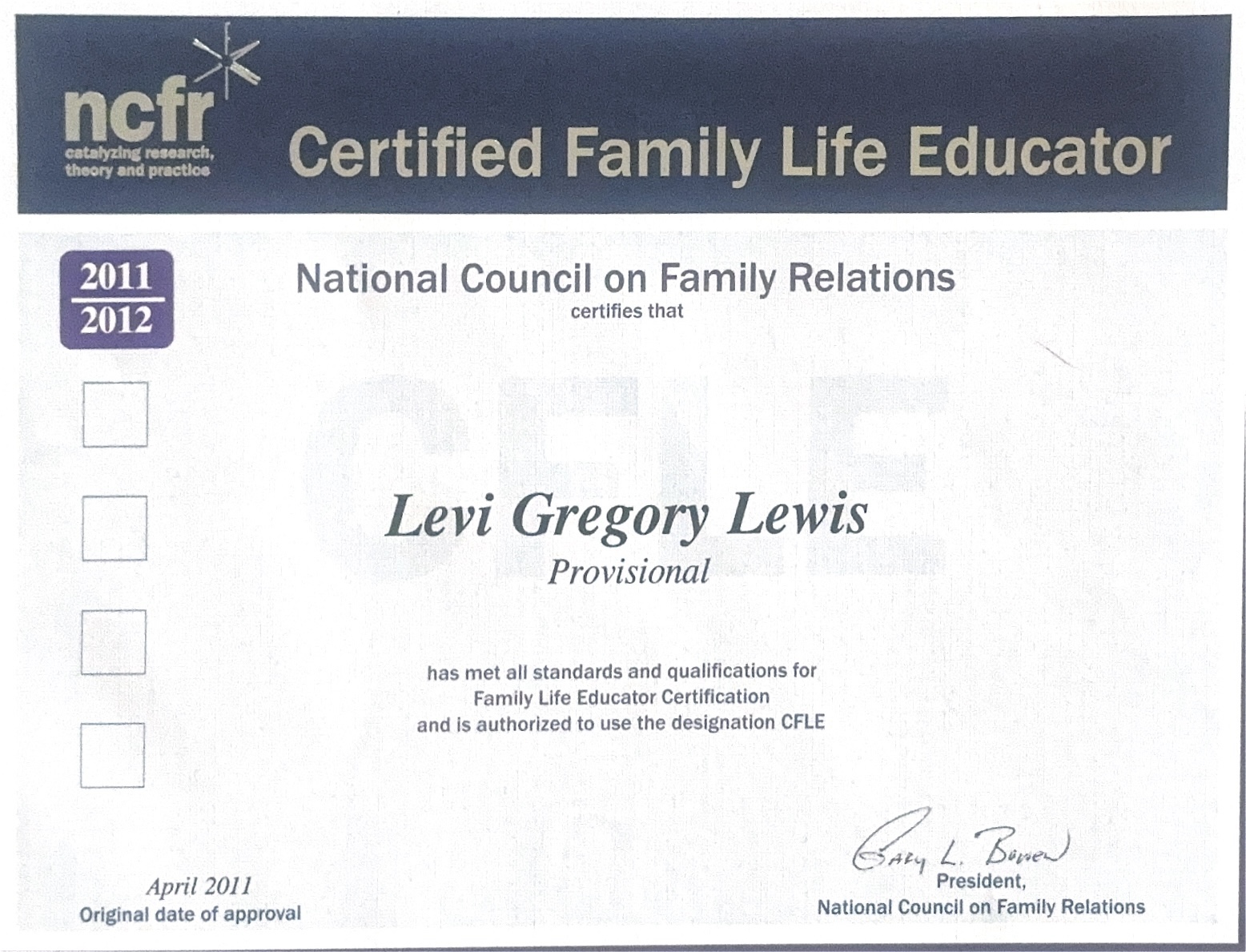 Provisional Certified Family Life Educator certificate issued to Levi Gregory Lewis by the National Council on Family Relations, April 2011