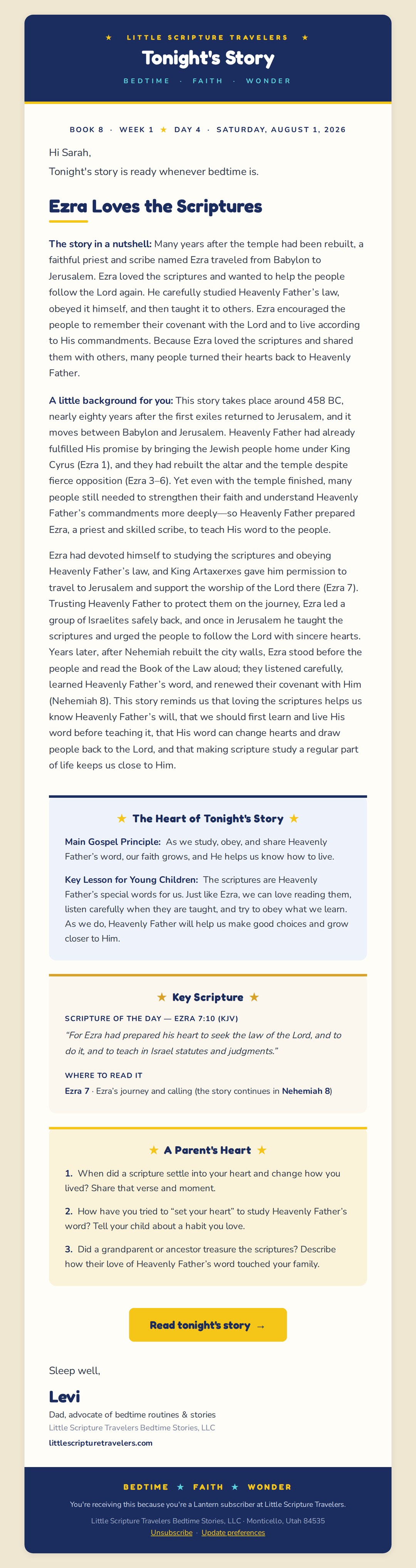 A real 5 AM email from Little Scripture Travelers — Book 8, Week 1, Day 4: Ezra Loves the Scriptures