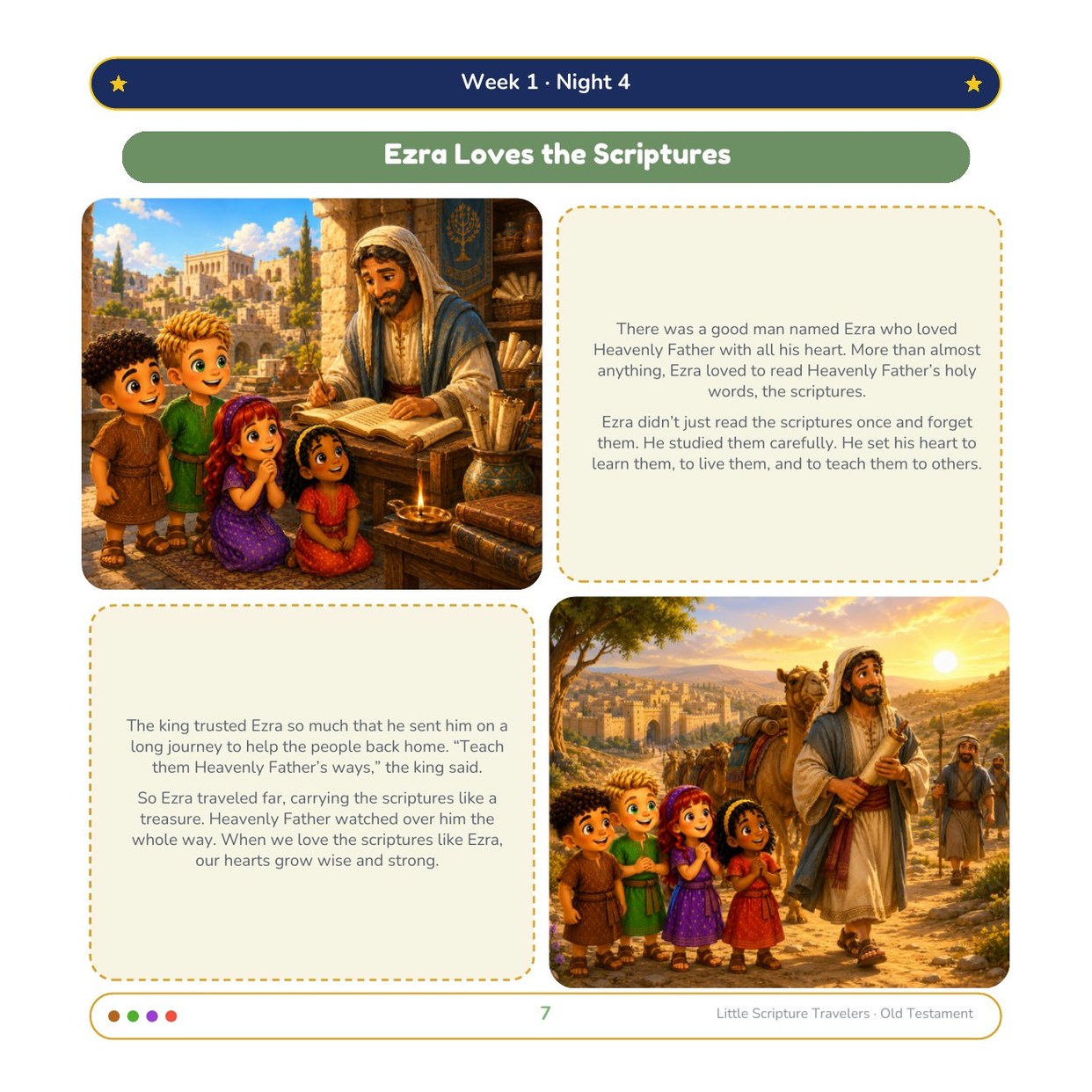 An illustrated story spread from a Little Scripture Travelers bedtime story